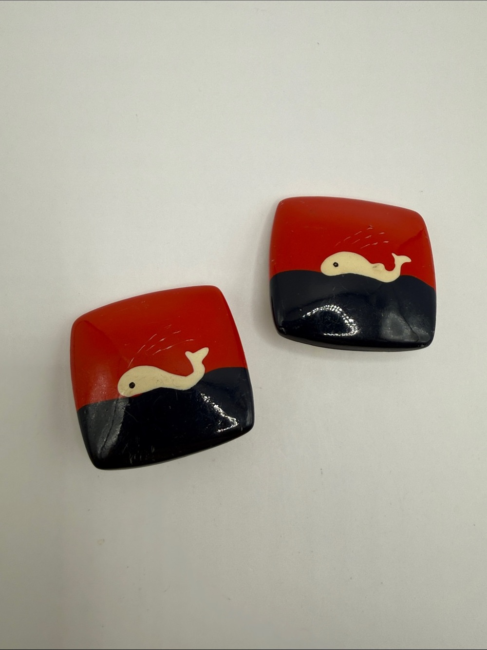 Vintage Hand Painted Whale Square Clip On Statement Earrings